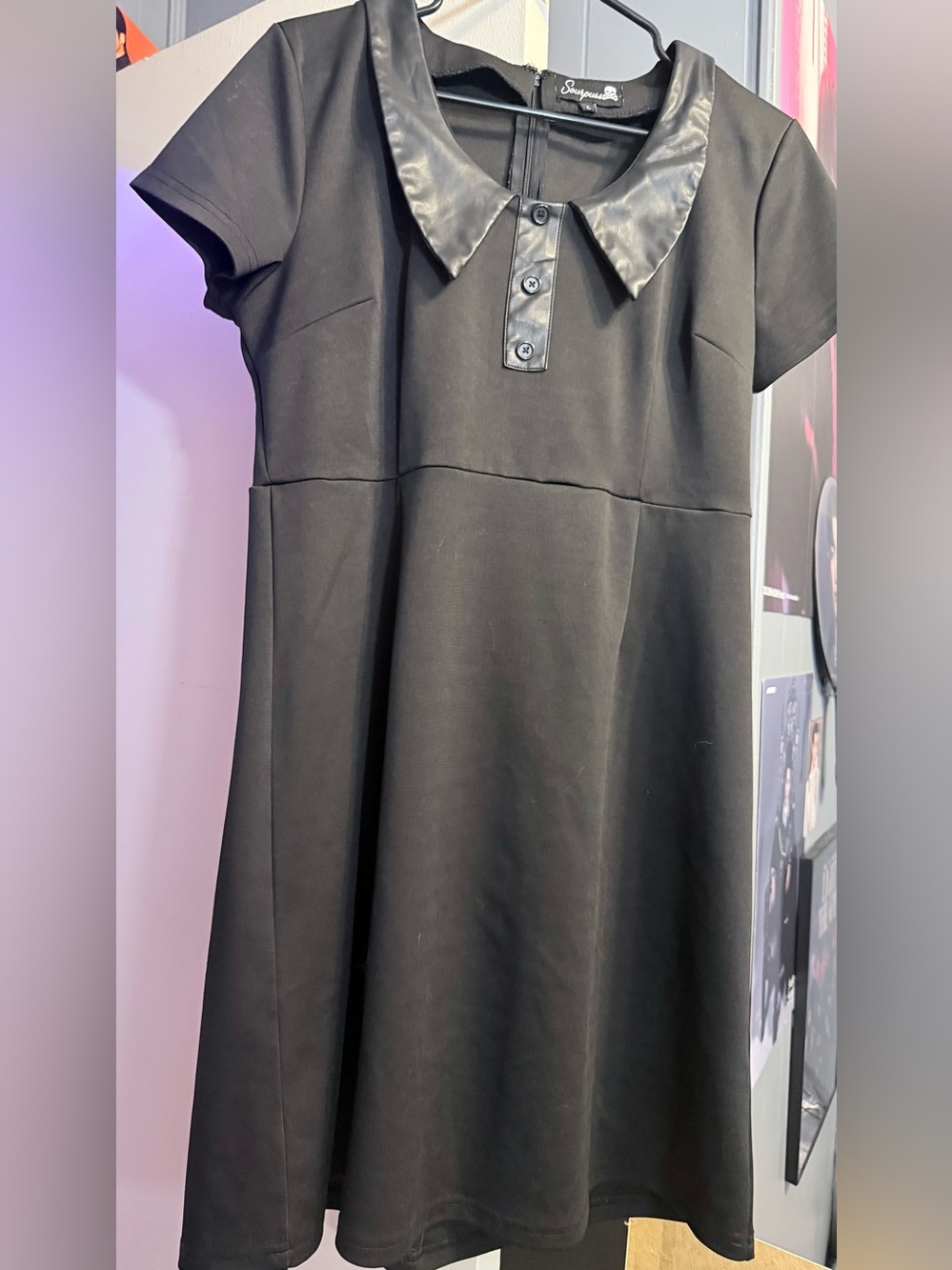 Sourpuss Black Faux Leather Collar A-Line Dress